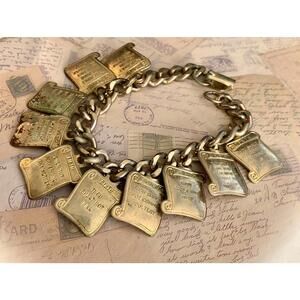 Vintage Ten Commandments Scroll Charm Bracelet Chunky Link Religious Jewelry 70s